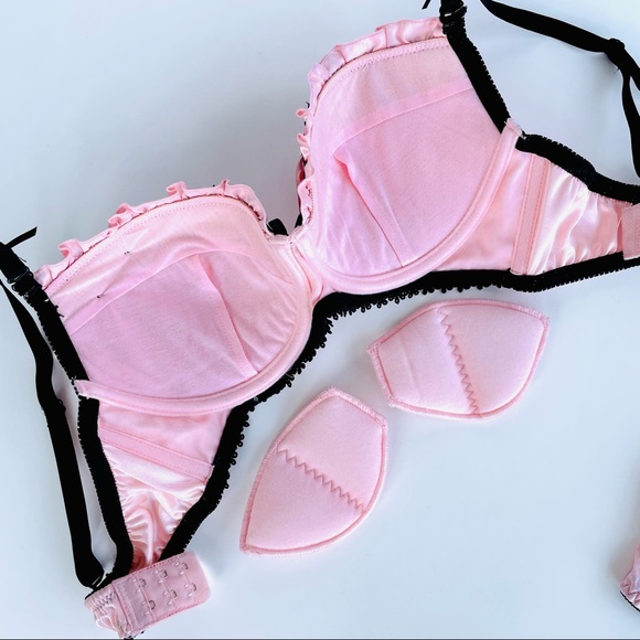 Pink Satin Black Lace Bra and Panties Set - Picture 12 of 16